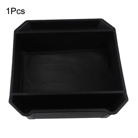 Slick Sliding Center Console Organizer Tray For Tesla Cybertruck 2024 And Up Models Black compact tray with textured bottom.