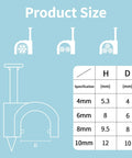 Diagram showing sizes 4mm, 6mm, 8mm, and 10mm of the Ultimate Cable Clips Pack 400 Pcs For Easy Wire Wrangling At Home Office