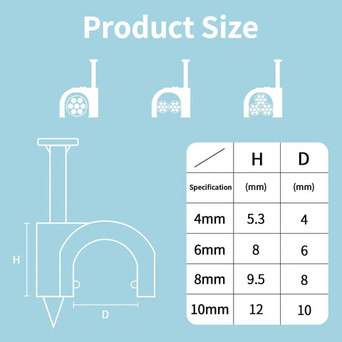 Diagram showing sizes 4mm, 6mm, 8mm, and 10mm of the Ultimate Cable Clips Pack 400 Pcs For Easy Wire Wrangling At Home Office