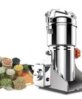 Electric Grain Grinder Mill For Corn Soybean Wheat And Spices, stainless steel high-speed powder machine, shown with spices.