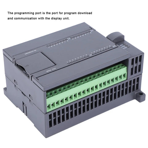 Built Tough Industrial Programmable Logic Controller With Strong Anti Interference MCU And Ladder Programming For Reliable Automation Plus Plug In HMI Interface Connectivity For Seamless System Control In Harsh Environments, front view with programming port.