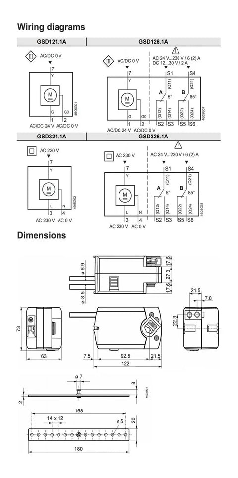 Wiring diagrams and dimensions for Rotary Air Damper Actuator For HVAC Ductwork Heavy Duty 24V And 230V Motor.