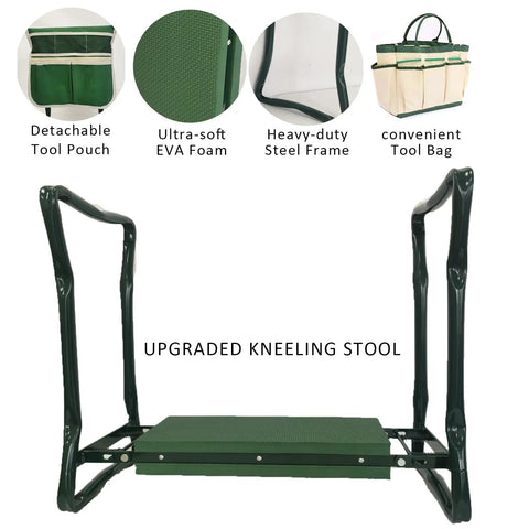 Built Tough Garden Kneeler And Seat Foldable Stool with detachable tool pouch, EVA foam and heavy-duty steel frame.