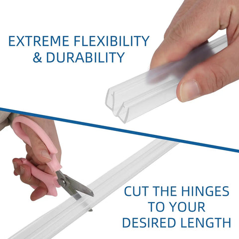 Cutting Two Pair Clear Pvc Piano Style Living Hinges Forty Eight Inch Flexible Tape For Acrylic Plexiglass And Glass Panels.