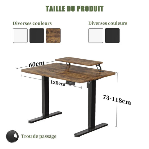 Heavy Duty Electric Standing Desk With Dual Memory Buttons And Rock Solid Brown Surface Seriously Built Tough For Gaming And Remote Work Grind Super Smooth Motor Lift Keeps Your Spine Happy; dimensions 120x60cm, height 73-118cm, includes monitor shelf.