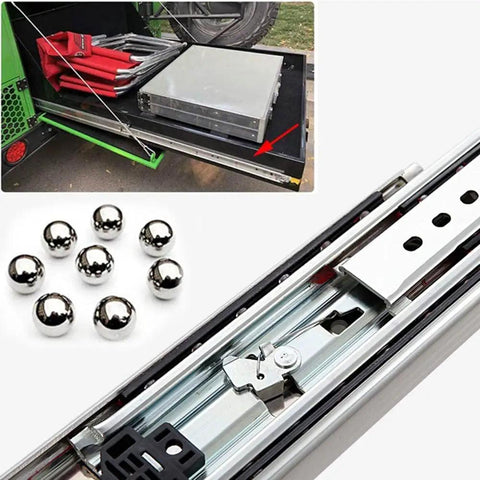Heavy Duty Three Section Full Extension Drawer Slides Featuring Secure Locking Design And Smooth Ball Bearing Action That Rolls Like Butter While Handling Heavy Loads Without Breaking A Sweat For Eighty Inch Furniture Projects One Pair close-up with ball bearings
