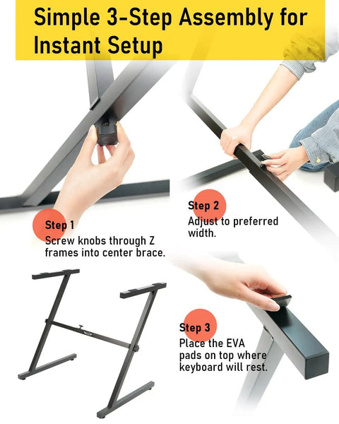 3-step assembly of Z Style Keyboard Stand With Adjustable Width For 61 And 88 Key Keyboards, showing setup process and stable structure.