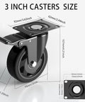 3 Inch Caster Wheels Set Of 4 Heavy Duty With Brake Non Marking Polyurethane Swivel Casters, showing size dimensions.