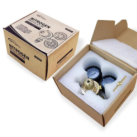 Open packaging of Nitrogen Regulator With CGA580 Inlet Connection, 1 Quarter Inch Male Flare Outlet, 2 Inch Gauges With Protective Rubber Boots