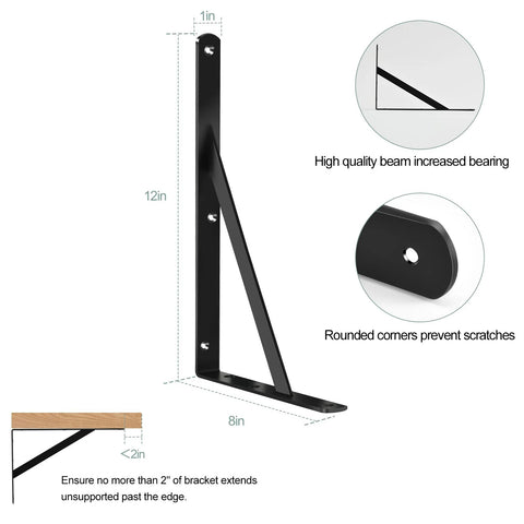 12 Pack Heavy Duty L Shaped Shelf Brackets 12 Inch Long Black With Screws For 12 To 16 Inch Deep Shelves Maximum 240 Lb Per Pair