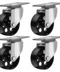 Heavy Duty 3 Inch Steel Swivel Caster Wheels With Flat Plate Mount No Brake High Gauge Iron Build Smooth Roll For Shop Carts Big Loads And Warehouse Gear Tough As Nails Hardware That Just Gets The Job Done, closeup of black wheels on a flat plate.