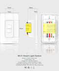 Single Pole Smart Light Switch For Alexa And Google Assistant With 2.4GHz WiFi Neutral Wire Required Remote Voice Control Scheduling No Ground Wire Needed 2 Gang Pack with dimensions and wiring details