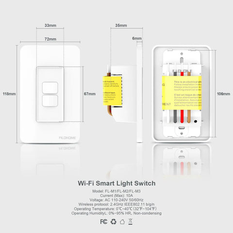 Single Pole Smart Light Switch For Alexa And Google Assistant With 2.4GHz WiFi Neutral Wire Required Remote Voice Control Scheduling No Ground Wire Needed 2 Gang Pack with dimensions and wiring details