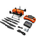 Beefy Heavy Lift Fishing Drone With 30 Minute Flight Time And 4K Sony IMX377 Camera, propellers, remote, and charging kit displayed