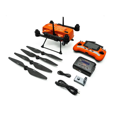 Beefy Heavy Lift Fishing Drone With 30 Minute Flight Time And 4K Sony IMX377 Camera, propellers, remote, and charging kit displayed