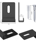 6 Piece Heavy Duty Metal Mirror Clips Set For Wall Mounting Powder Coated Rust Resistant J Brackets With Bulletproof Grip and Easy Zero Hassle Setup For Big Heavy Mirrors Matte Black shown with dimensions and screws.