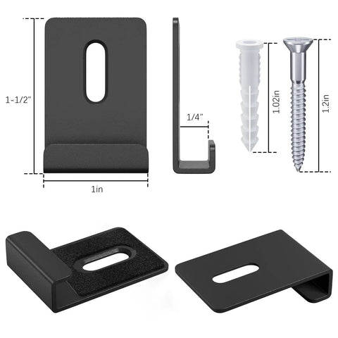6 Piece Heavy Duty Metal Mirror Clips Set For Wall Mounting Powder Coated Rust Resistant J Brackets With Bulletproof Grip and Easy Zero Hassle Setup For Big Heavy Mirrors Matte Black shown with dimensions and screws.