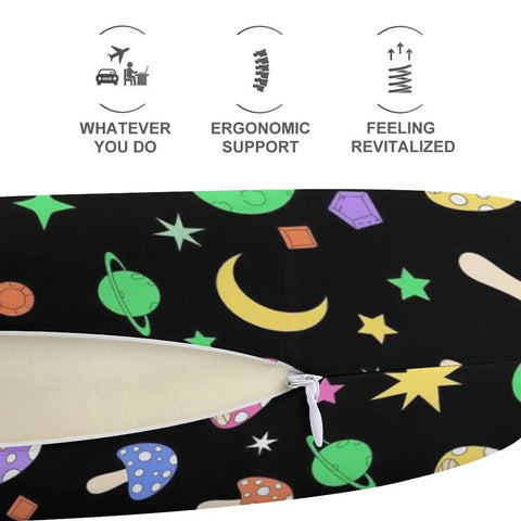 Travel Neck Pillow For Adults, U Shaped Memory Foam Support, Breathable Polyester Cover with Neon Mushrooms Design