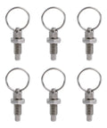 Six Piece Slick Spring Plunger Set With Smooth Pull Ring And No Sweat Quick Release Pin Using Drop Cam Design Built From Pro Grade Corrosion Proof Stainless Steel showing six stainless steel plungers.