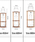 Top Shelf Cold Brew Coffee Maker With Clear Glass Carafe And Sturdy Wood Base dimensions showing 450ml, 600ml, and 800ml sizes.