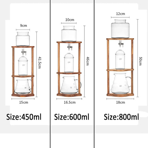Top Shelf Cold Brew Coffee Maker With Clear Glass Carafe And Sturdy Wood Base dimensions showing 450ml, 600ml, and 800ml sizes.