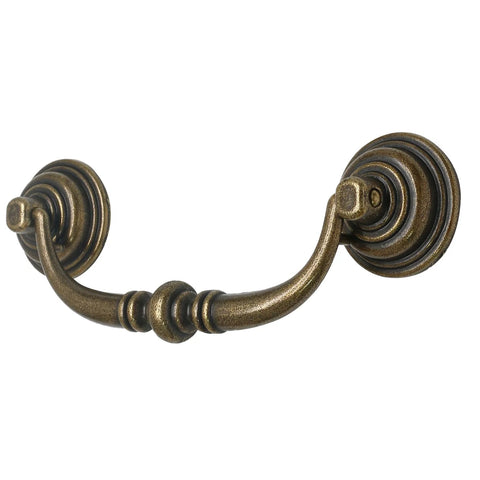 Front view of Vintage Rustic Zinc Alloy Drawer Pull Handles 6 Pack With 110mm Hole Centers And 140mm Total Length Drop Down Bail Swing Antique Shabby Chic Cabinet Hardware
