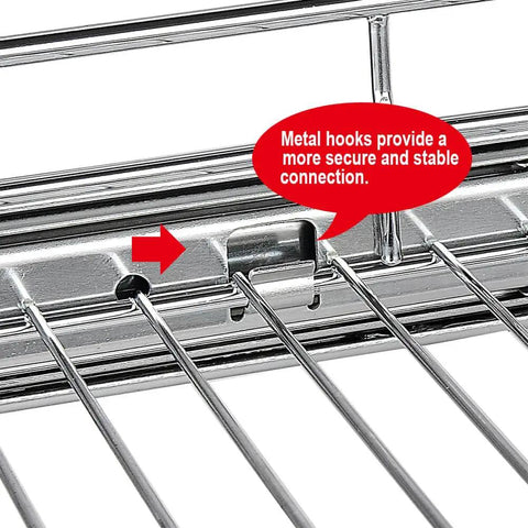 Close-up of metal hooks on Smooth Glide Double Tier Pull Out Cabinet Organizer With Chrome Finish for stability in design.