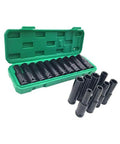 10 Piece Heavy Duty Impact Socket Set With Hex Heads Made From Premium Chrome Steel For Electric Wrenches And Pneumatic Drills In Auto Repair Or Home Jobs open green case with black sockets