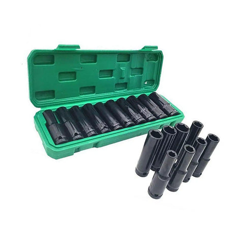 10 Piece Heavy Duty Impact Socket Set With Hex Heads Made From Premium Chrome Steel For Electric Wrenches And Pneumatic Drills In Auto Repair Or Home Jobs open green case with black sockets