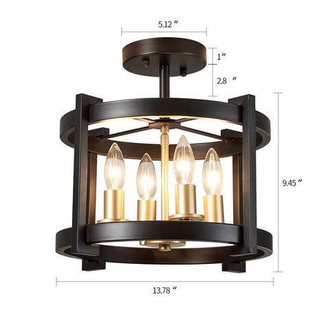 4 Light Dope Semi Flush Mount Ceiling Light Fixture In Black And Gold Farmhouse Rustic Vintage Style For Hallway Entryway Gazebo Kitchen Dining Room And Bedroom UL Listed, with visible dimensions and E12 socket details.
