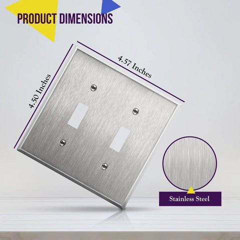 Stainless Steel Wall Plate For Toggle Light Switch 2 Gang 4.50 In By 4.57 In Built To Last Corrosion Resistant Cover, front view