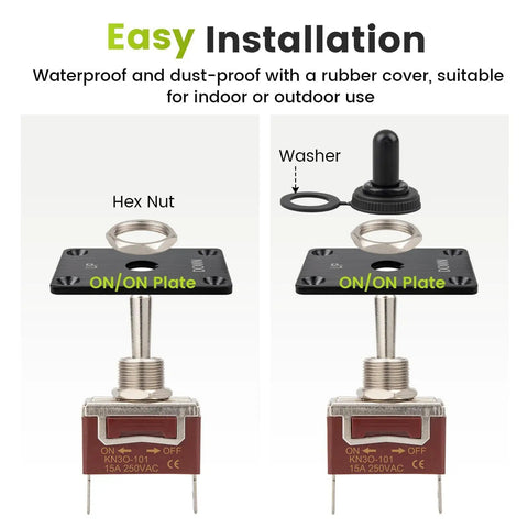Waterproof Toggle Switch 12V DC 30A Heavy Duty 2 Pin SPST On Off With Panel Mount showing parts including hex nut and washer
