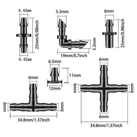 Diagram of 300 Piece Drip Irrigation Fittings Kit With Barbed Connectors For Garden Pots And Greenhouse, showing sizes of fittings.