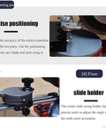 Professional Grade Circular Saw Blade Sharpener With Adjustable Rotary Mill Grinding Attachment shows positioning pin and slide holder for precise use.