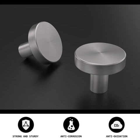 Brushed Nickel Cabinet Knobs Set 25 Pack Round Kitchen Drawer Knobs Silver Metal Handles For Cabinets Desks Drawers And Cupboards Durable Aluminum Alloy Easy Install Slick Upgrade For Home shown on black background with anti-corrosion icons
