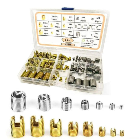 Heavy Duty 124-Piece 304 Stainless Steel Threaded Insert Kit with cutting slots in case, M2-M6 for metal and plastic surfaces
