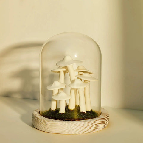 Mushroom Night Light In Glass Dome With Wooden Base LED Decor Lamp For Home Bedroom Office Wedding Party Valentine Gift