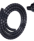 Flexible Black Spiral Cable Wrap For Cord Management 20mm Plastic Wire Sleeve shown coiled with clip for easy storage.