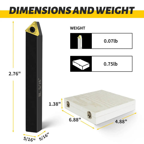 Indexable Carbide Lathe Tool Bits Set Five Sixteenth Inch Shank Tin Coated Inserts with dimensions and weight shown