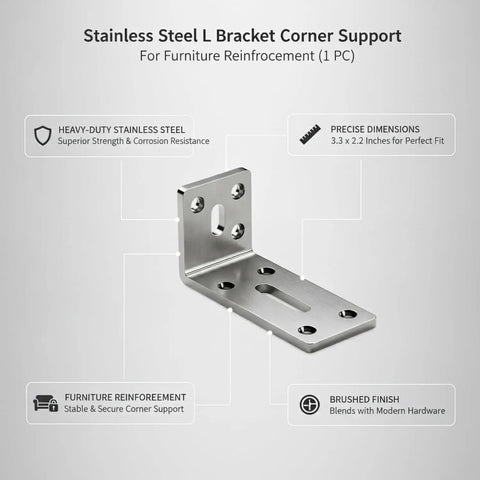 Beefy Heavy Duty Stainless Steel L Bracket for furniture repair and cabinet reinforcement, shelf support, corner stabilizer, 3.3 x 2.2 in