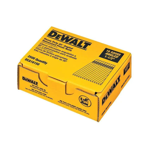 Box of 2500 Finish Nails For A 20 Degree Nailer One And A Half Inch 16 Gauge Galvanized, shown in branded packaging.