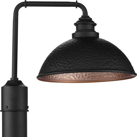 Englewood Collection 1 Light Farmhouse Outdoor Post Lantern in Textured Black with Hammered Steel Shade and Industrial Pipe Arm