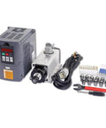 CNC Spindle Motor Kit 110V 1.5KW ER16 High Speed Spindle 0 To 24000 RPM With VFD Ready Drive Includes 9.8Ft 4 Conductor Cable And Easy Hookup For Smooth Milling And Quick Setup. Displayed with control unit, cable, collets, and wrench.