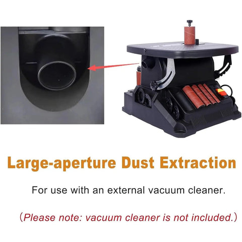 450W Electric Oscillating Spindle Sander And Belt Sander Combo with large-aperture dust extraction port for external vacuum use.