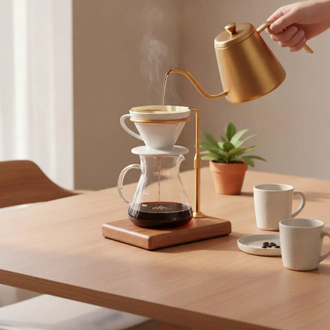 Adjustable Pour Over Coffee Stand, Sleek Wood And Aluminum Dripper Holder For Standard Mugs And Large Carafes, Brew coffee hands-free.