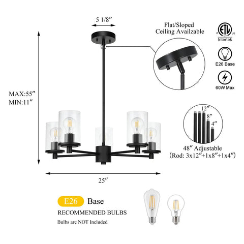 Bold Black Five Light Adjustable Pendant Chandelier With Glass Shades For Dining Rooms And Kitchens, Model XB-C1240-5-MB dimensions