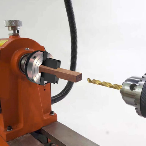 3-1/4 Inch Two Jaw Pen Drilling Lathe Chuck With Reversible Self Centering Jaws holding wood blank on lathe