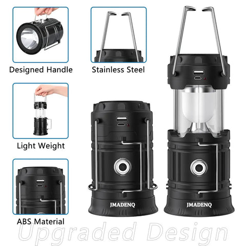Solar USB Rechargeable Lanterns for Camping and Emergency Prep, black collapsible LED lantern with handle and USB port