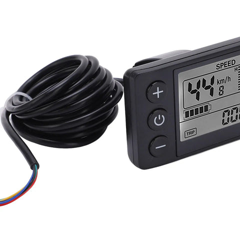 Wireless Electric Bike LCD Display Panel S866 with SM Plug showing speed and control buttons, coiled cable view