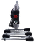 Side view of Solarhome 5-spool open-center hydraulic control valve; black body, red port caps, mounting bolts